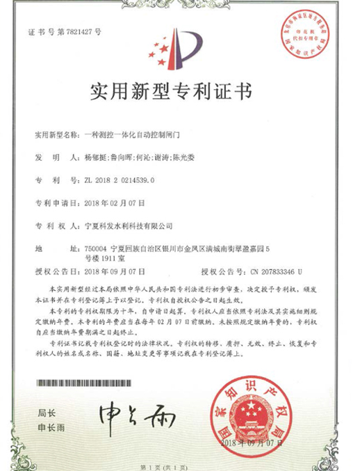 測(cè)控一體化自動(dòng)控制閥門(mén)專(zhuān)利證書(shū)